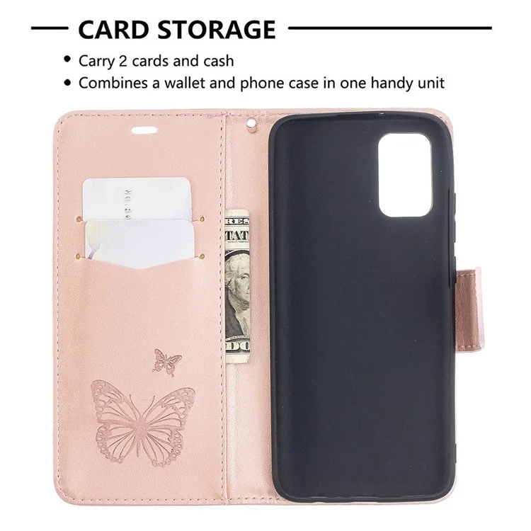 For Samsung Galaxy A02s (164.2x75.9x9.1mm) Imprint Butterflies Wallet Stand Flip Leather Phone Shell - Gold