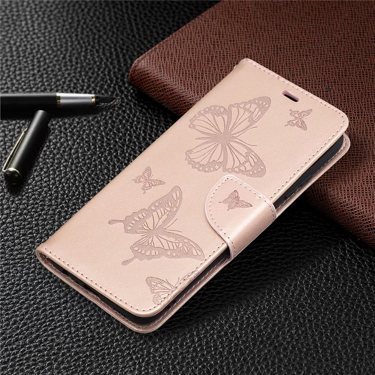 For Samsung Galaxy A02s (164.2x75.9x9.1mm) Imprint Butterflies Wallet Stand Flip Leather Phone Shell - Gold