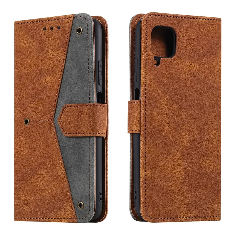 Rivet Decor Skin-Feeling Splicing Leather Wallet Phone Protective Cover for Samsung Galaxy A12/M12 - Brown