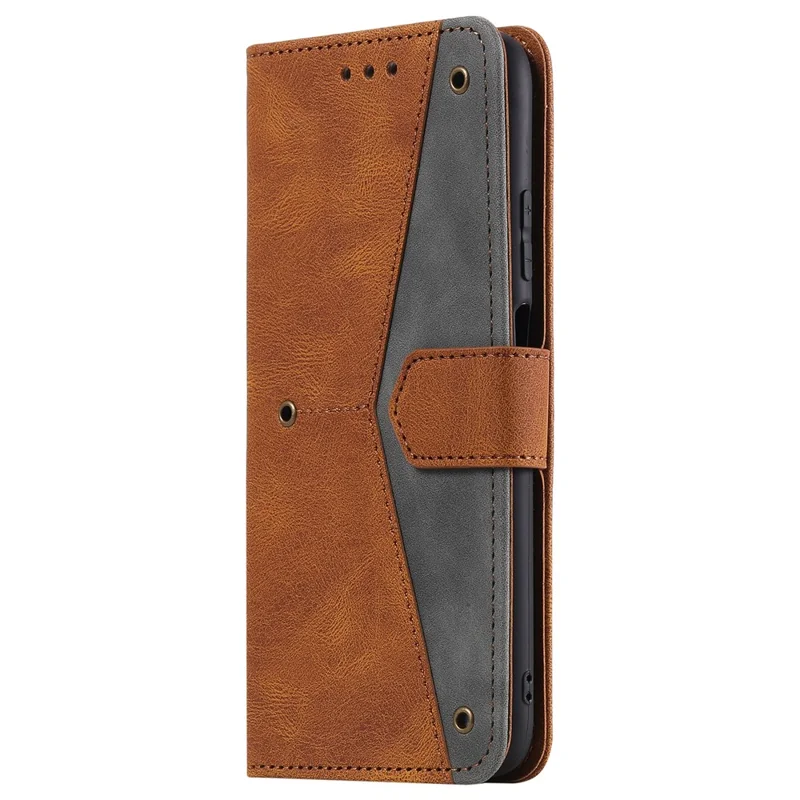 Rivet Decor Skin-Feeling Splicing Leather Wallet Phone Protective Cover for Samsung Galaxy A12/M12 - Brown