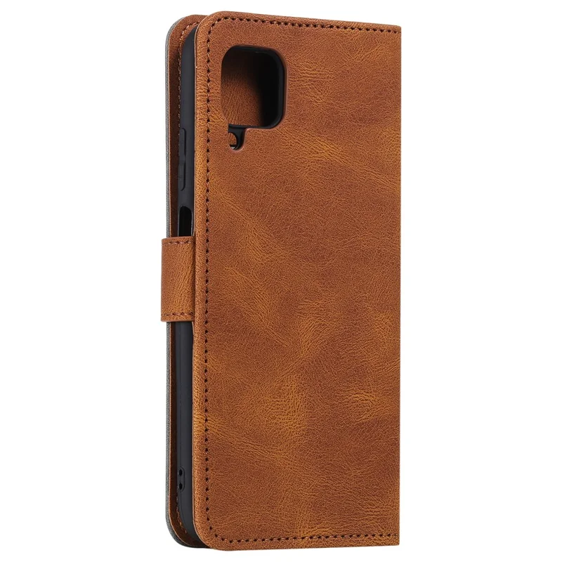 Rivet Decor Skin-Feeling Splicing Leather Wallet Phone Protective Cover for Samsung Galaxy A12/M12 - Brown