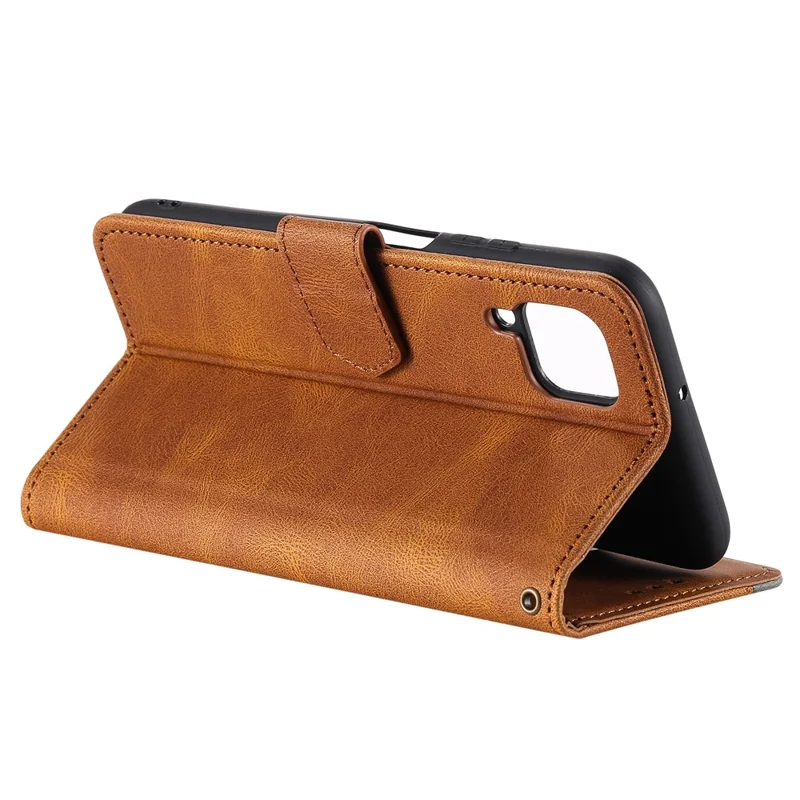 Rivet Decor Skin-Feeling Splicing Leather Wallet Phone Protective Cover for Samsung Galaxy A12/M12 - Brown