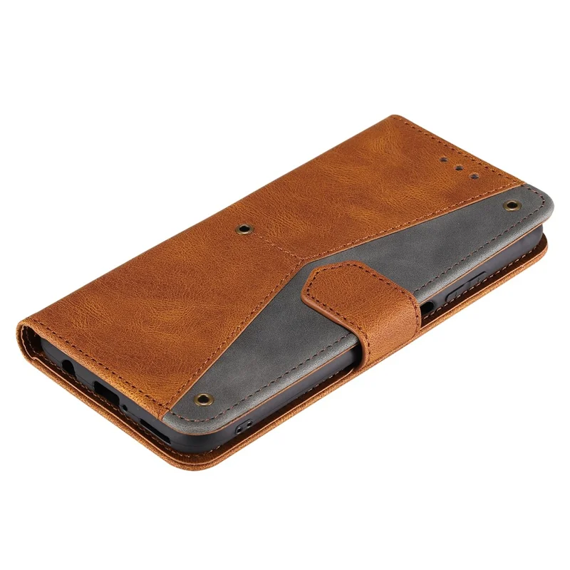 Rivet Decor Skin-Feeling Splicing Leather Wallet Phone Protective Cover for Samsung Galaxy A12/M12 - Brown