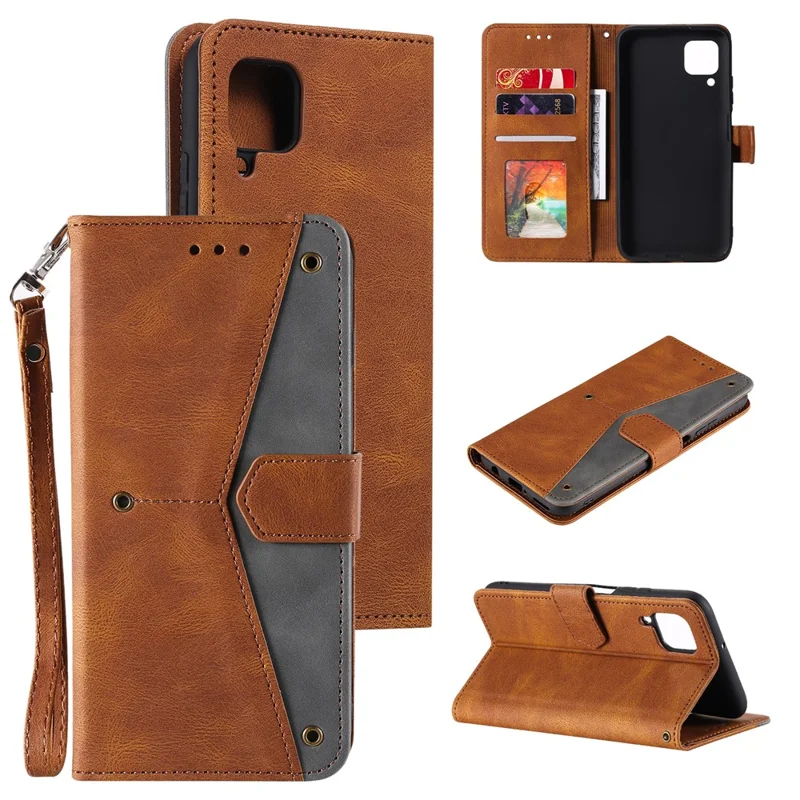 Rivet Decor Skin-Feeling Splicing Leather Wallet Phone Protective Cover for Samsung Galaxy A12/M12 - Brown