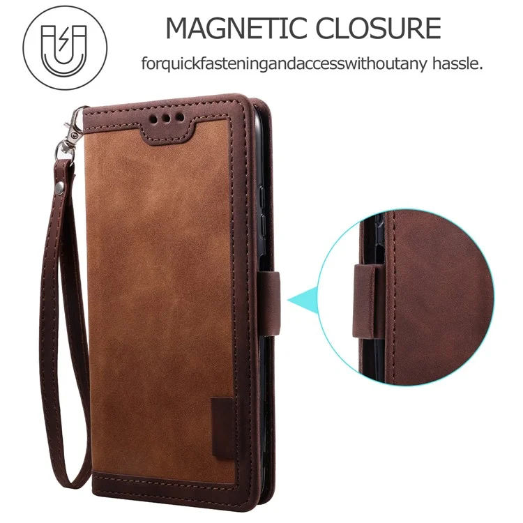Funda de billetera con tapa de cuero con estilo de empalme vintage para Samsung Galaxy A12/M12 - Marrón
