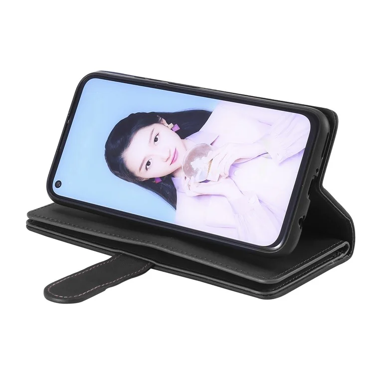 Funda con Soporte para Teléfono y Tarjetero de TPU con Revestimiento de Cuero con 9 Ranuras para Tarjetas para Samsung Galaxy A12/M12 - Negro