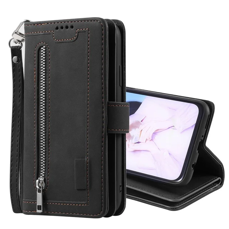 Funda con Soporte para Teléfono y Tarjetero de TPU con Revestimiento de Cuero con 9 Ranuras para Tarjetas para Samsung Galaxy A12/M12 - Negro