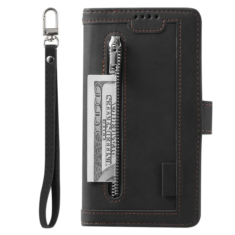 Funda con Soporte para Teléfono y Tarjetero de TPU con Revestimiento de Cuero con 9 Ranuras para Tarjetas para Samsung Galaxy A12/M12 - Negro