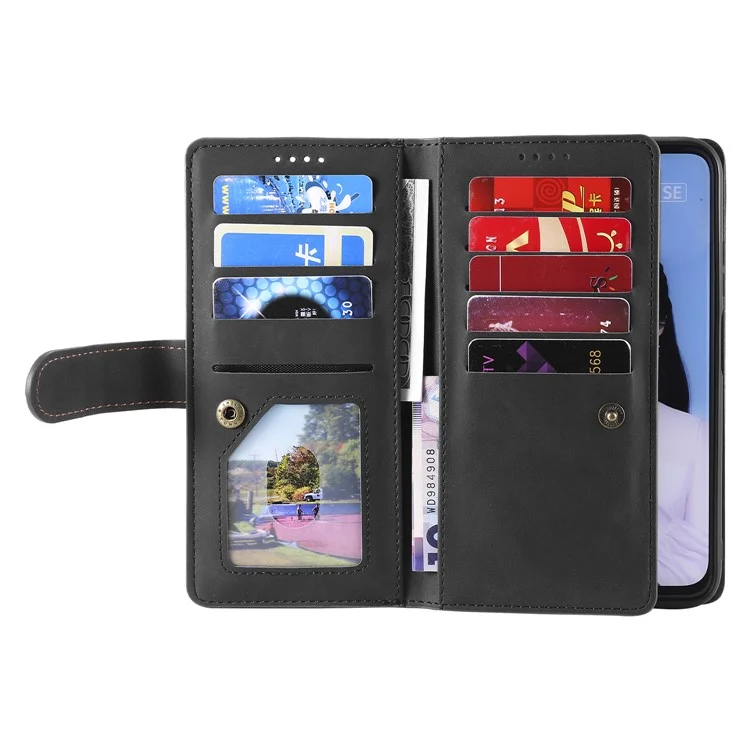 Funda con Soporte para Teléfono y Tarjetero de TPU con Revestimiento de Cuero con 9 Ranuras para Tarjetas para Samsung Galaxy A12/M12 - Negro