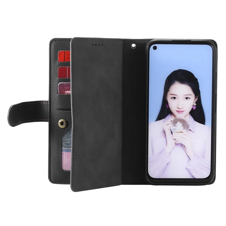 Funda con Soporte para Teléfono y Tarjetero de TPU con Revestimiento de Cuero con 9 Ranuras para Tarjetas para Samsung Galaxy A12/M12 - Negro