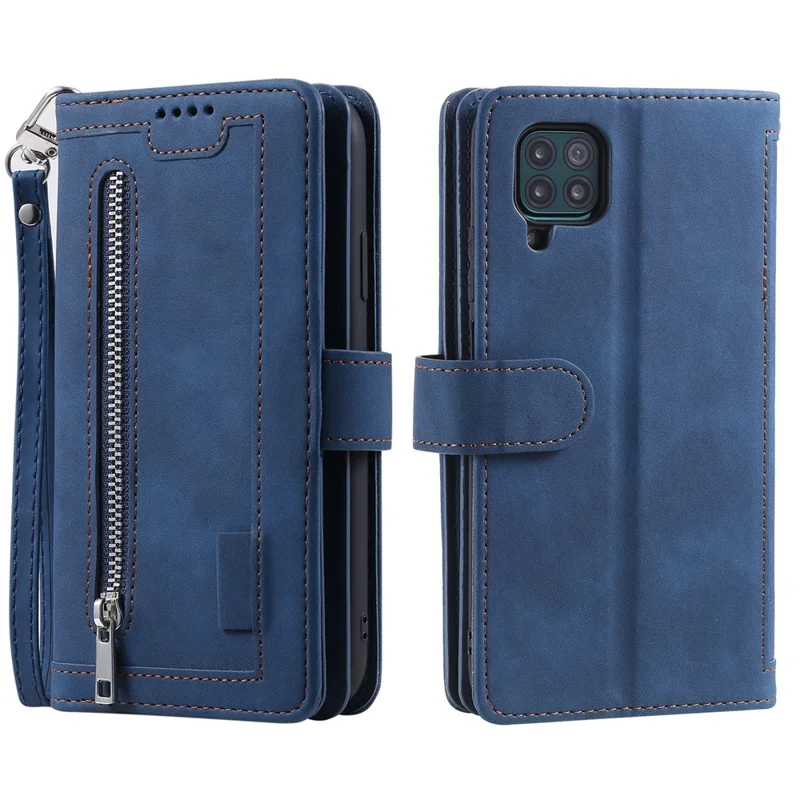 Leather Coated TPU Wallet Phone Stand Case with 9 Card Slots Kickstand Shell for Samsung Galaxy A12/M12 - Blue