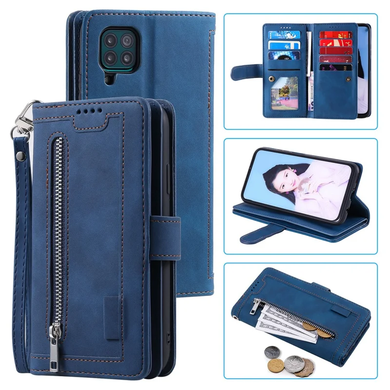 Leather Coated TPU Wallet Phone Stand Case with 9 Card Slots Kickstand Shell for Samsung Galaxy A12/M12 - Blue