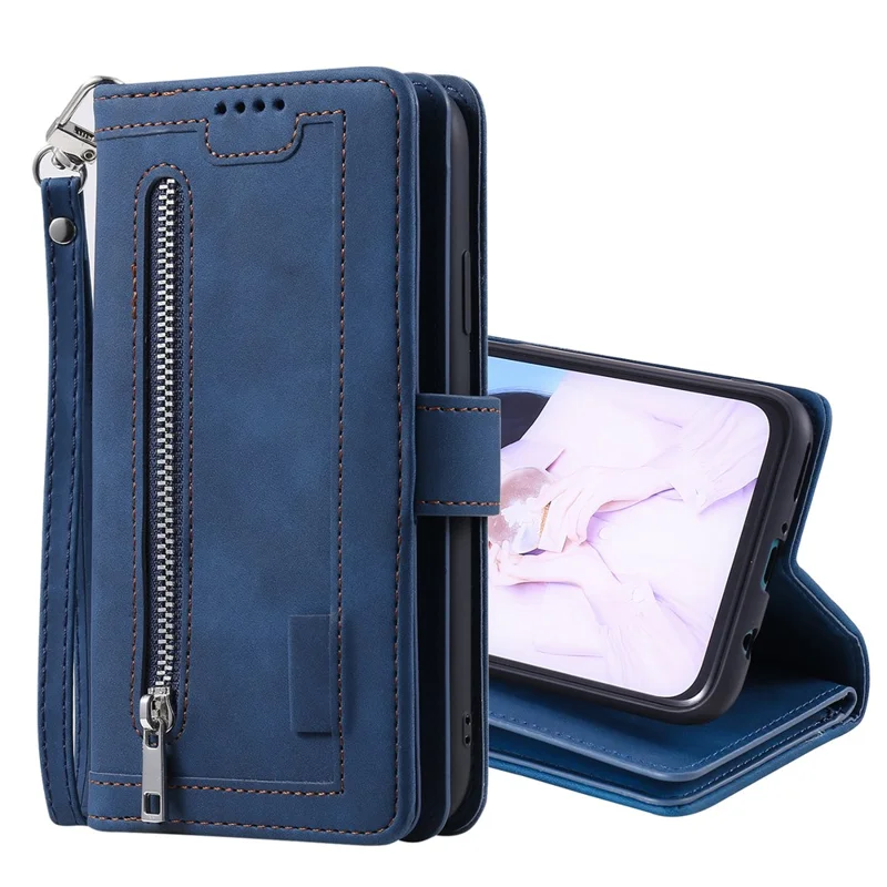 Leather Coated TPU Wallet Phone Stand Case with 9 Card Slots Kickstand Shell for Samsung Galaxy A12/M12 - Blue