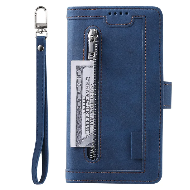 Leather Coated TPU Wallet Phone Stand Case with 9 Card Slots Kickstand Shell for Samsung Galaxy A12/M12 - Blue