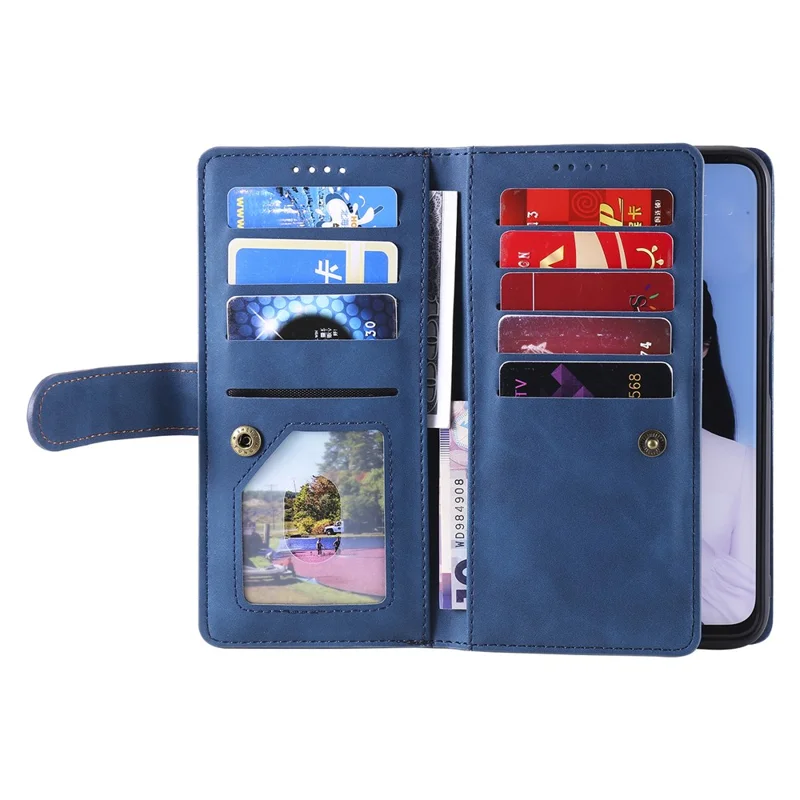 Leather Coated TPU Wallet Phone Stand Case with 9 Card Slots Kickstand Shell for Samsung Galaxy A12/M12 - Blue