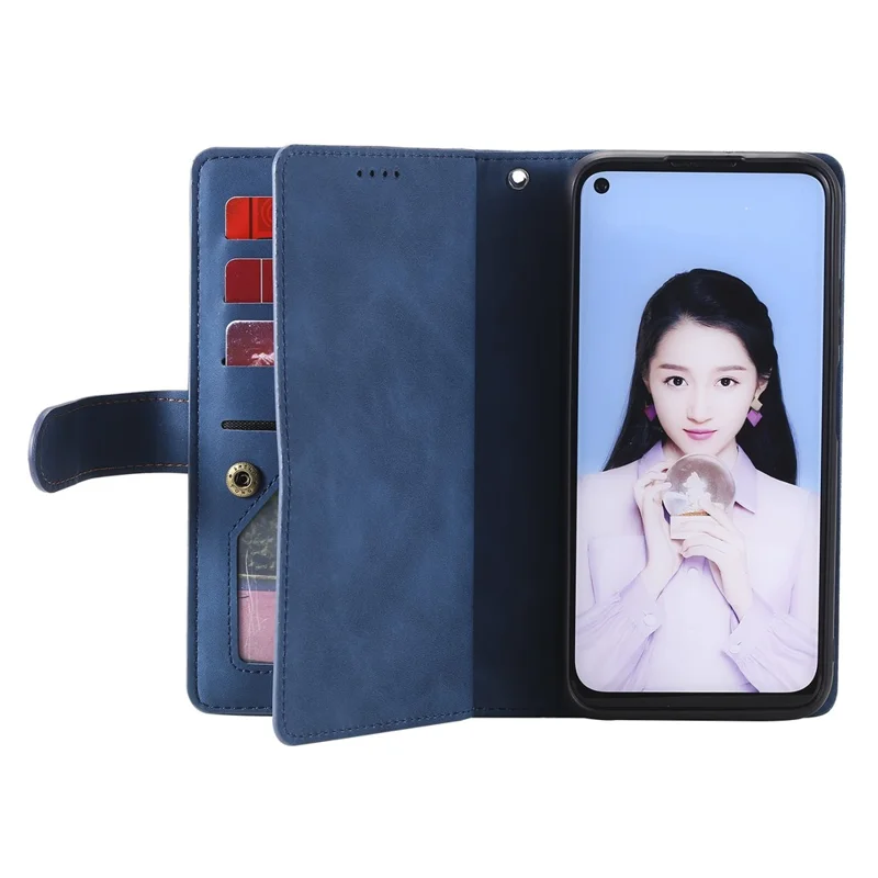 Leather Coated TPU Wallet Phone Stand Case with 9 Card Slots Kickstand Shell for Samsung Galaxy A12/M12 - Blue