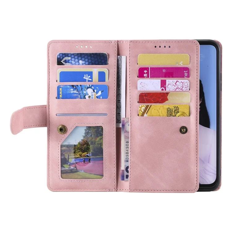 Étui portefeuille en TPU enduit de cuir avec 9 fentes pour cartes et support pour Samsung Galaxy A12/M12 - Rose