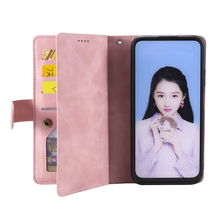 Étui portefeuille en TPU enduit de cuir avec 9 fentes pour cartes et support pour Samsung Galaxy A12/M12 - Rose