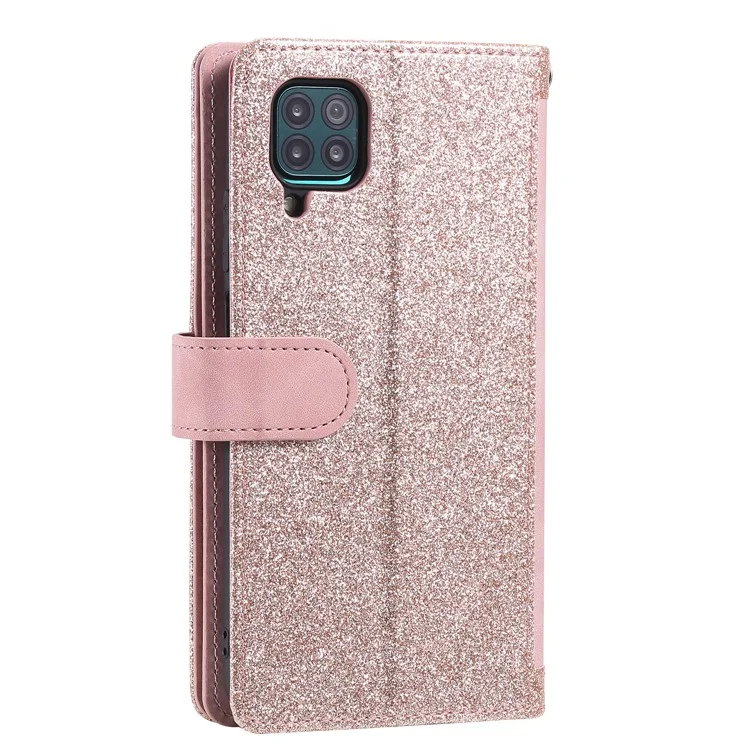 Étui portefeuille en TPU enduit de cuir avec 9 fentes pour cartes et support pour Samsung Galaxy A12/M12 - Rose