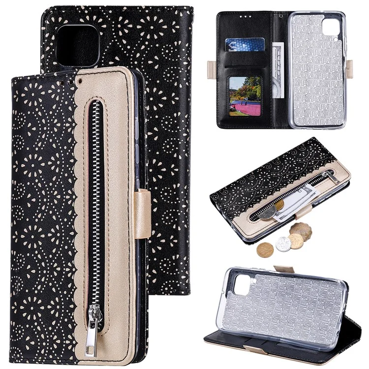 Lace Flower Skin for Samsung Galaxy A12/M12 Zipper Leather Cover Stand Case - Black