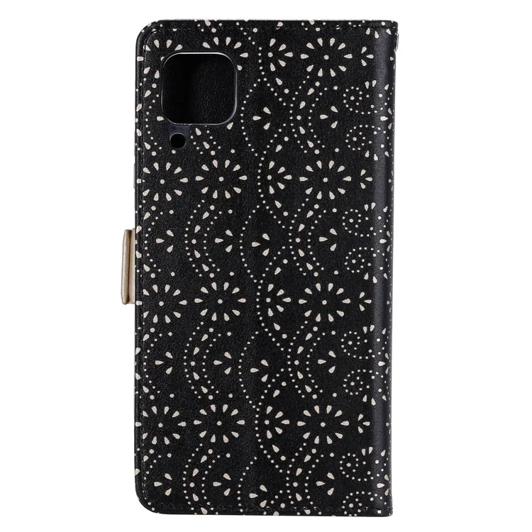 Funda de piel con cremallera y flor de encaje para Samsung Galaxy A12/M12 - Negra