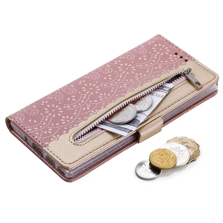 Pele de Flor de Renda Para Samsung Galaxy A32 5G/M32 5G Cover de Couro Com Zíper Capa - Rosa
