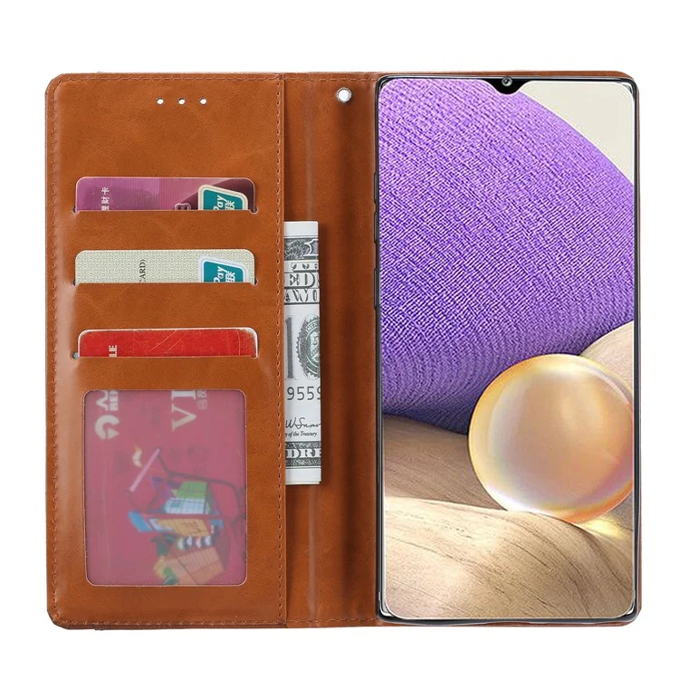 Auto-absorbed Wallet Stand Leather Protector Phone Cover for Samsung Galaxy A32 5G/M32 5G - Brown