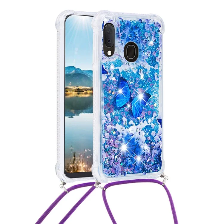 Modèle de Paillettes de Sable Rapide Imprimées Protecteur de Boîtier de Téléphone TPU Avec Sangle Pour Samsung Galaxy A20e / A10e - Papillon Bleu