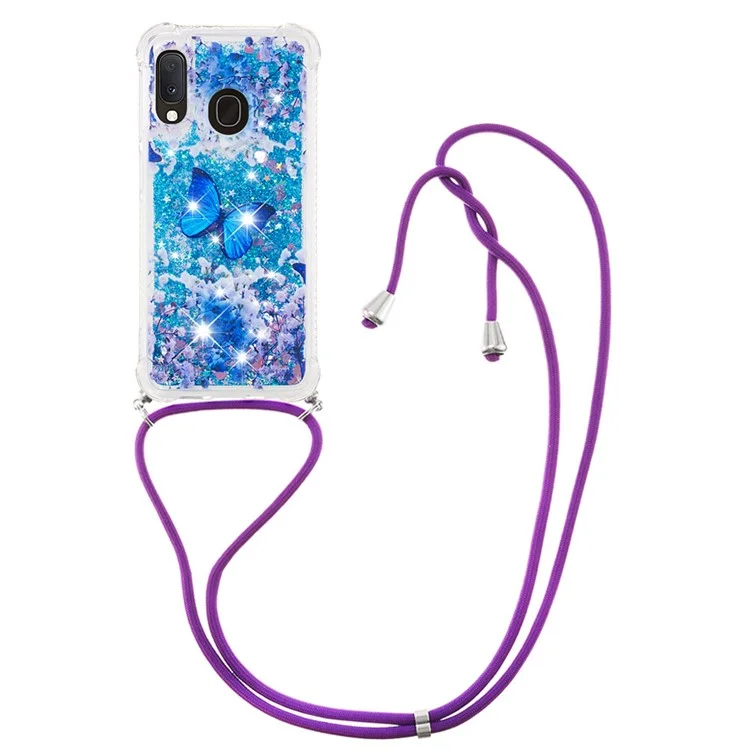 Modèle de Paillettes de Sable Rapide Imprimées Protecteur de Boîtier de Téléphone TPU Avec Sangle Pour Samsung Galaxy A20e / A10e - Papillon Bleu