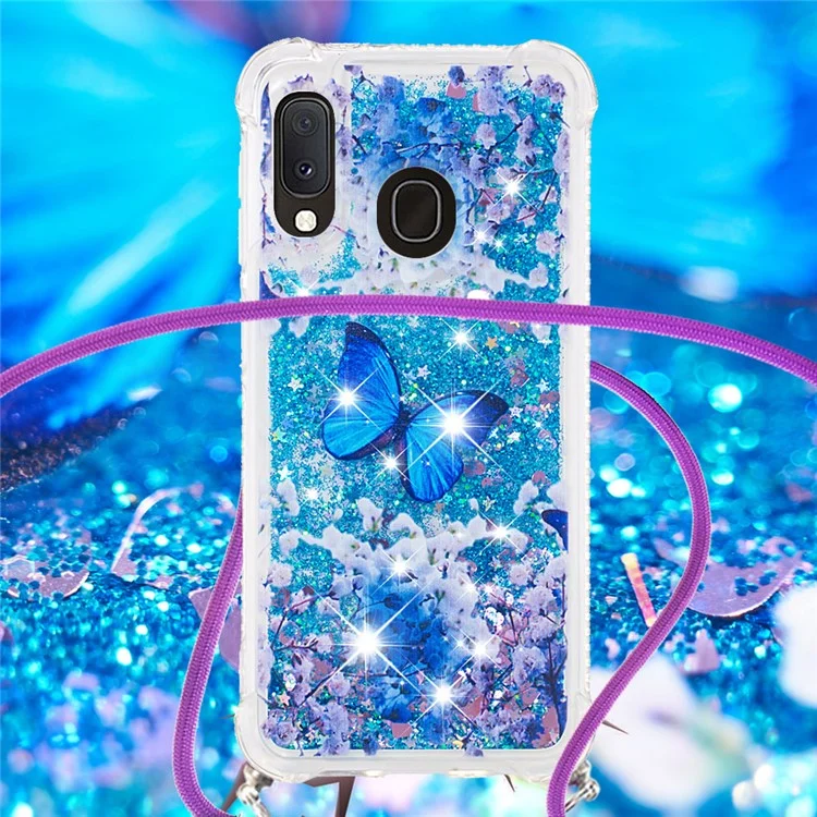 Modèle de Paillettes de Sable Rapide Imprimées Protecteur de Boîtier de Téléphone TPU Avec Sangle Pour Samsung Galaxy A20e / A10e - Papillon Bleu