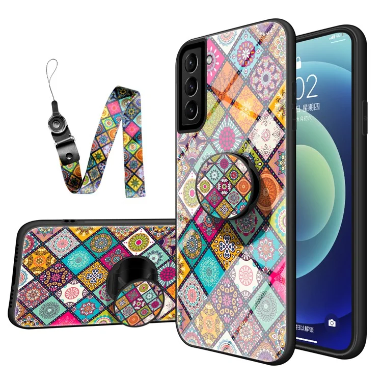 Colorful Flower Print Glass Hybrid Phone Cover Case with Kickstand Lanyard for Samsung Galaxy S21 4G/5G - Checkered Pattern