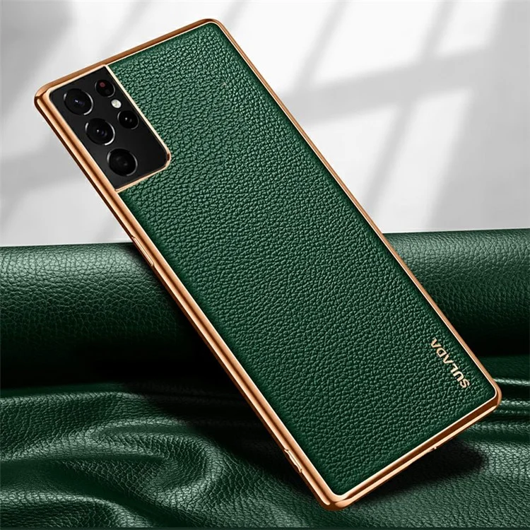 SULADA PC + TPU Litchi Texture PU Leather Coated Phone Case Cover for Samsung Galaxy S21 Ultra 5G - Green