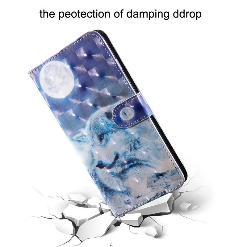 3D Pattern Printing Wallet Stand PU Leather Full-Protection Phone Cover Case for Samsung Galaxy A12 - Wolf