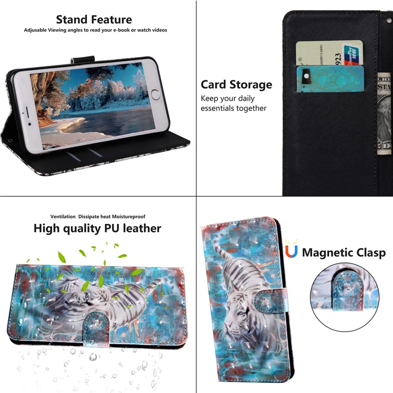 3D Pattern Printing Wallet Stand PU Leather Full-Protection Phone Cover Case for Samsung Galaxy A12 - Tiger