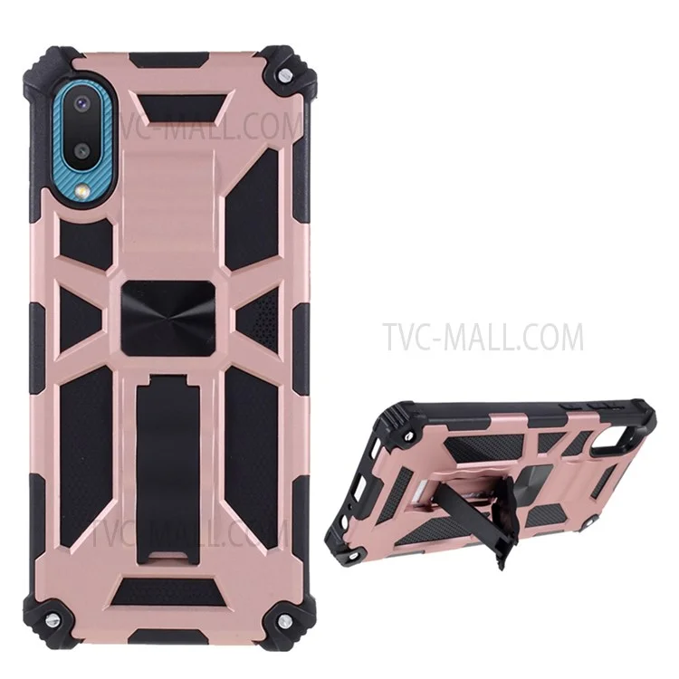 Armor Shockproof Kickstand PC TPU Phone Case with Magnetic Metal Sheet for Samsung Galaxy A02/M02 - Rose Gold