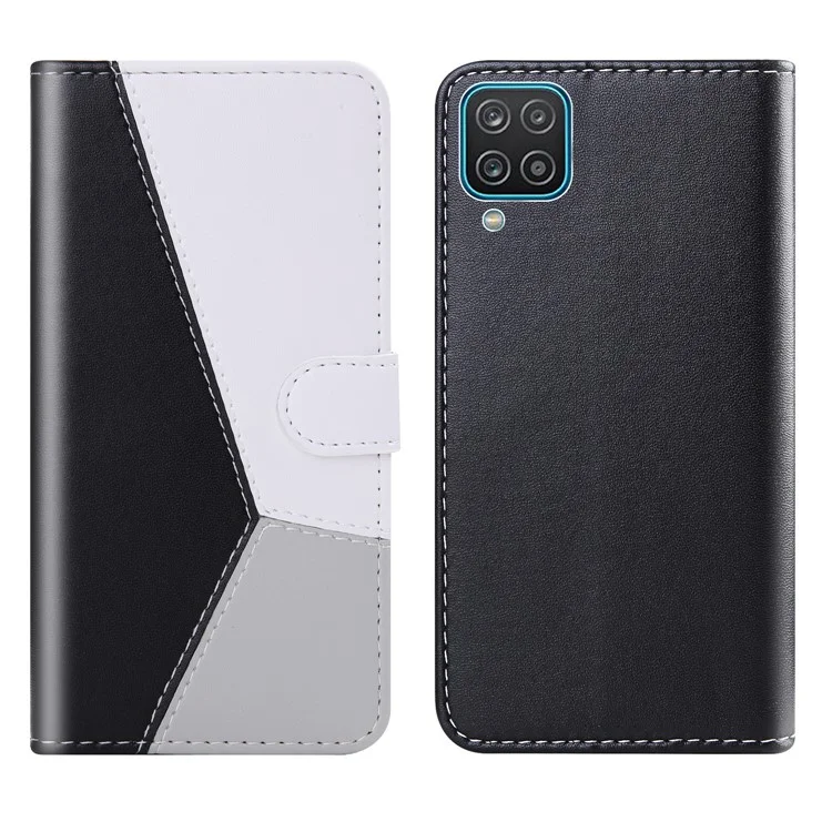 Stand Wallet Design Tampa de Couro de Enredado de Três Cores Para o Samsung Galaxy A12 - Preto/branco/cinza