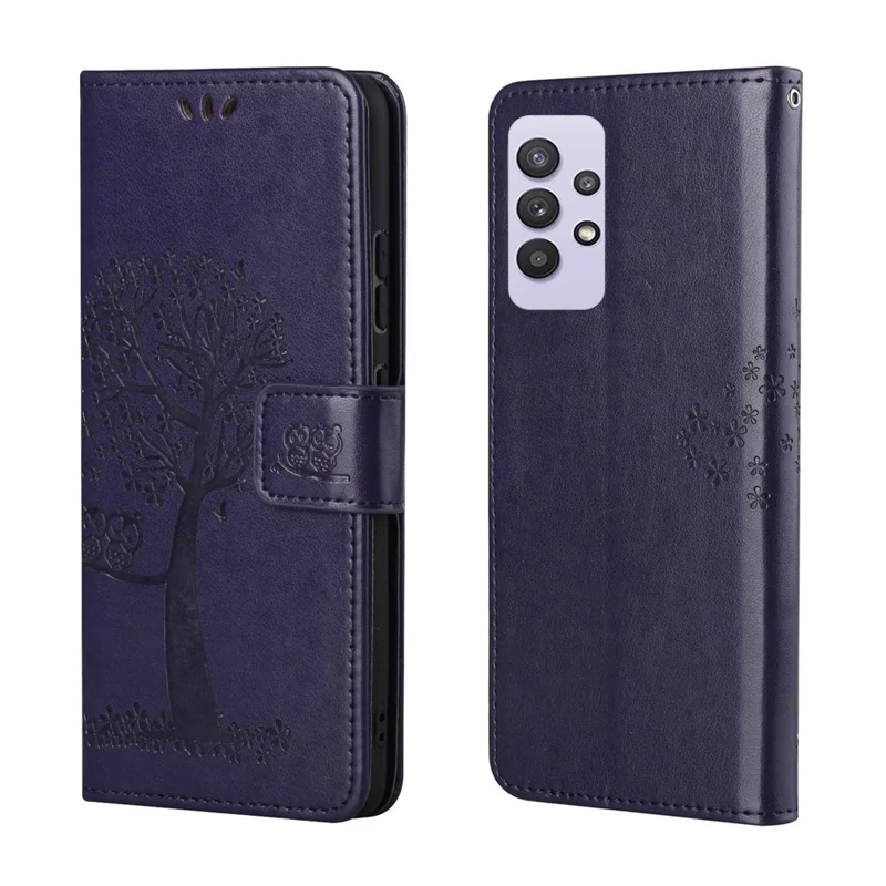 Owl Pattern Printing Design Leather Wallet Phone Cover for Samsung Galaxy A32 4G (EU Version) - Dark Blue