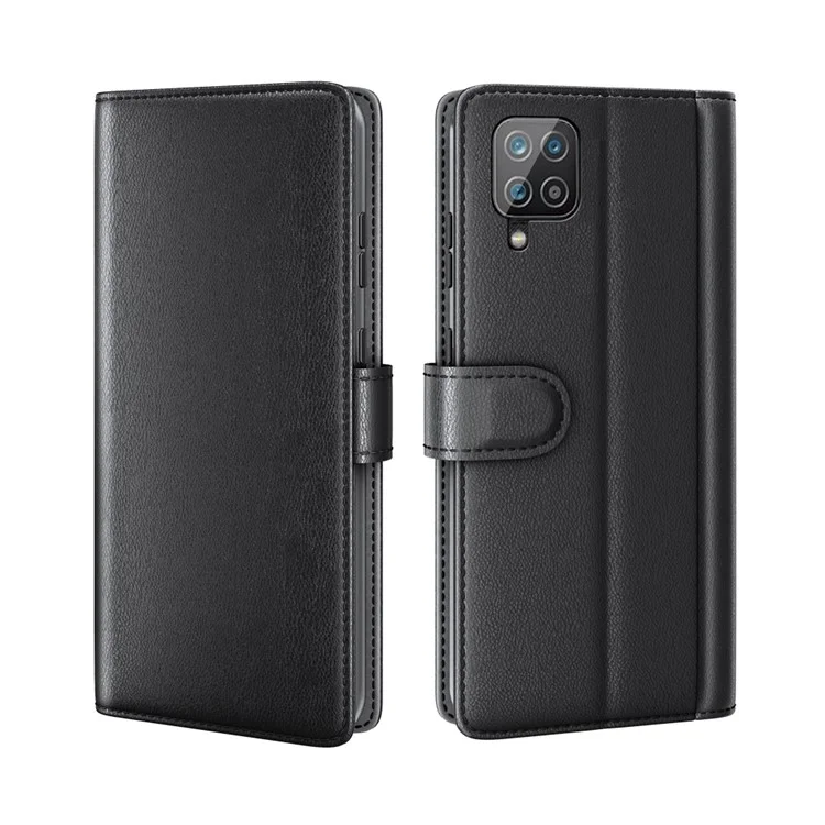 For Samsung Galaxy A12 Case Genuine Split Leather Phone Cover with Wallet Stand - Black