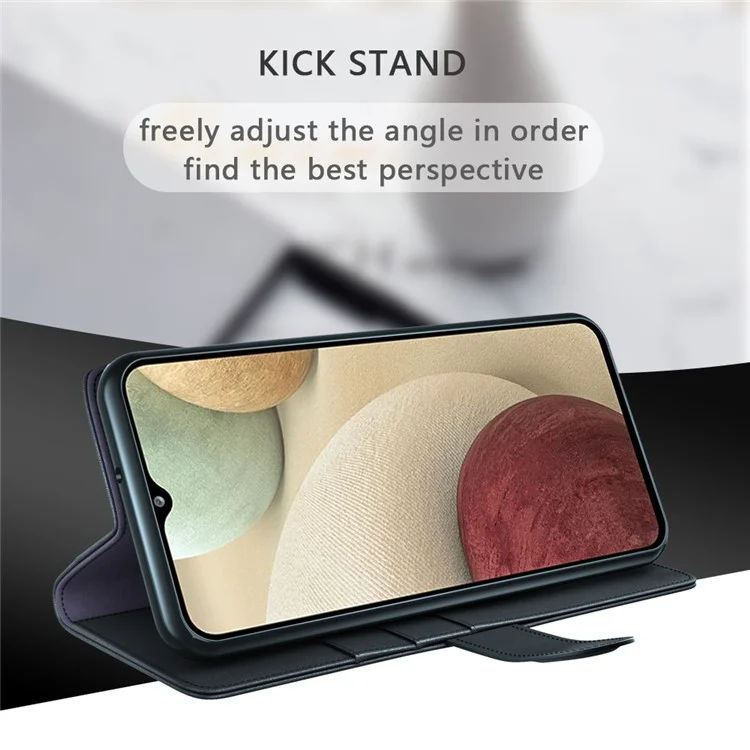 For Samsung Galaxy A12 Case Genuine Split Leather Phone Cover with Wallet Stand - Black