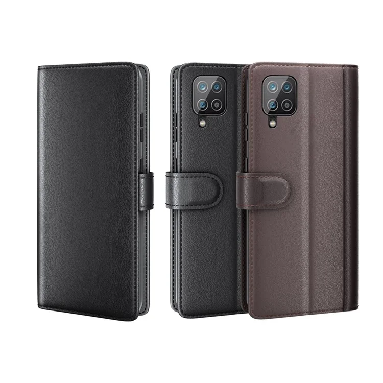 For Samsung Galaxy A12 Case Genuine Split Leather Phone Cover with Wallet Stand - Black