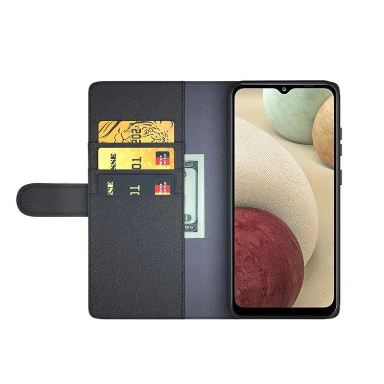 For Samsung Galaxy A12 Case Genuine Split Leather Phone Cover with Wallet Stand - Black
