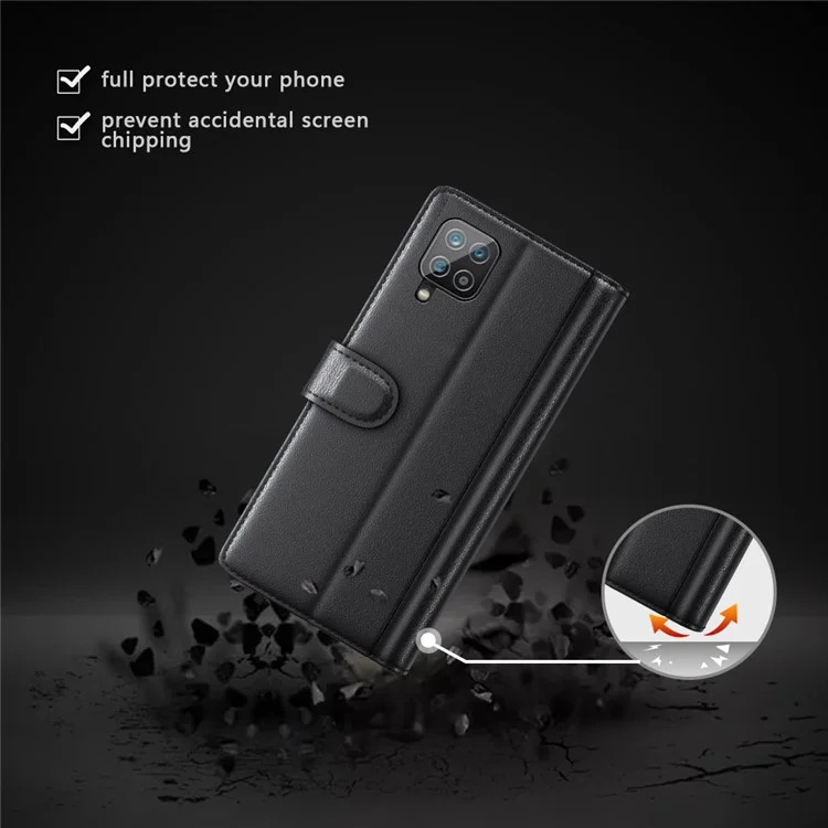 For Samsung Galaxy A12 Case Genuine Split Leather Phone Cover with Wallet Stand - Black