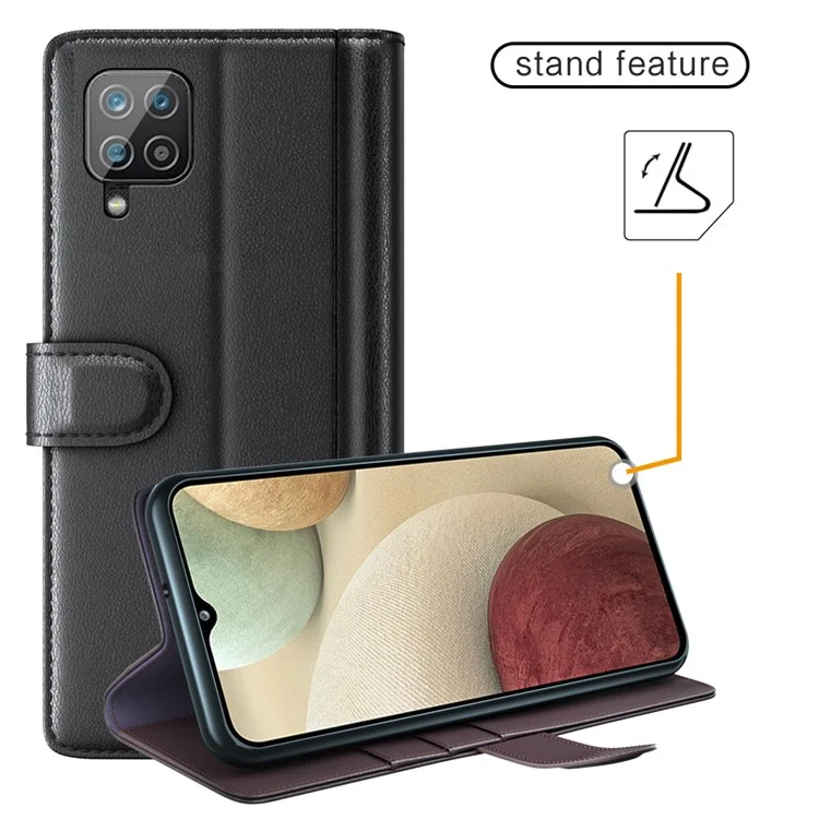 For Samsung Galaxy A12 Case Genuine Split Leather Phone Cover with Wallet Stand - Black
