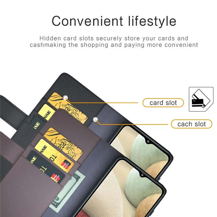 For Samsung Galaxy A12 Case Genuine Split Leather Phone Cover with Wallet Stand - Black