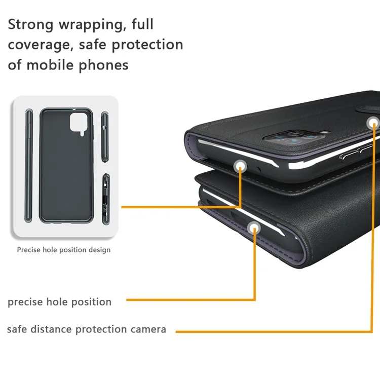 For Samsung Galaxy A12 Case Genuine Split Leather Phone Cover with Wallet Stand - Black