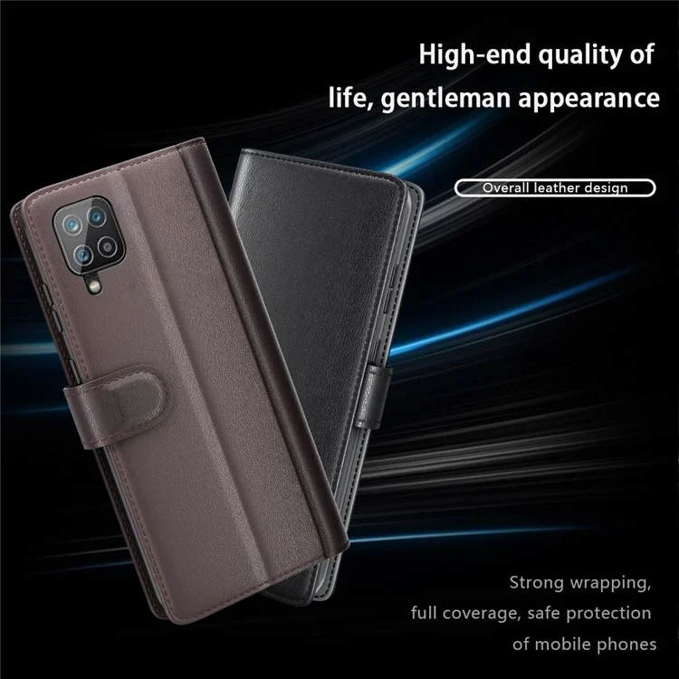 For Samsung Galaxy A12 Case Genuine Split Leather Phone Cover with Wallet Stand - Brown