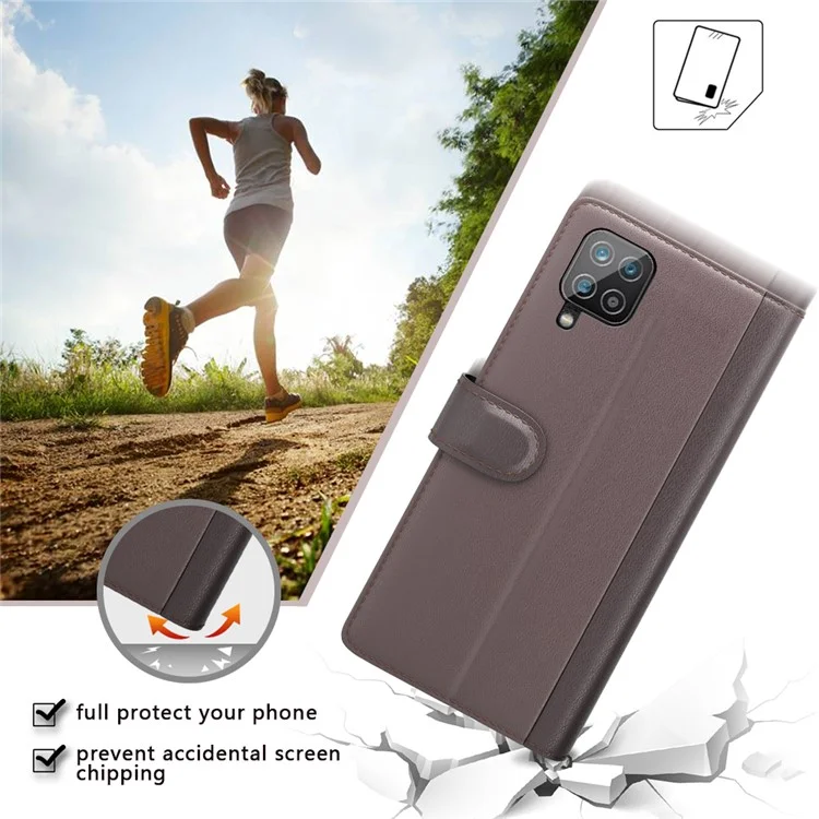 For Samsung Galaxy A12 Case Genuine Split Leather Phone Cover with Wallet Stand - Brown