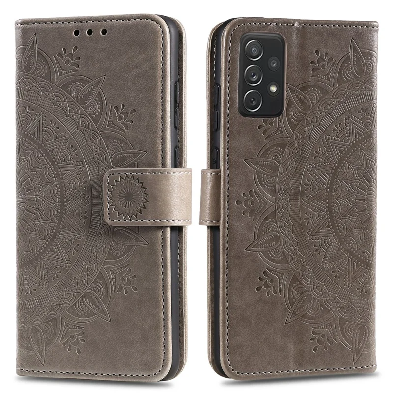Imprinted Mandala Flower Wallet Leather Case with Strap for Samsung Galaxy A52 4G/5G / A52s 5G - Grey