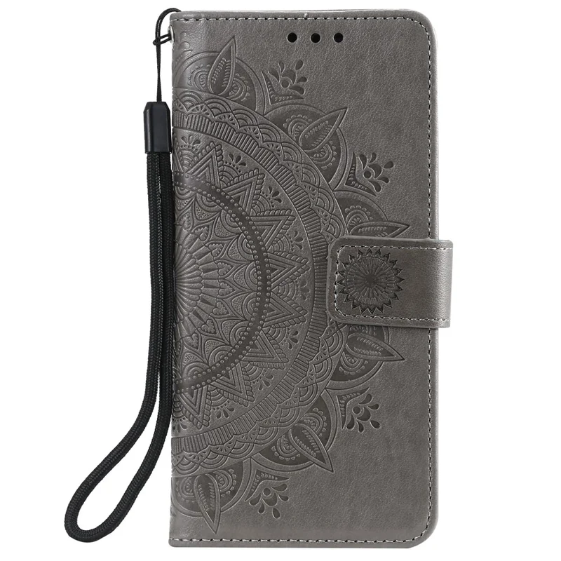 Imprinted Mandala Flower Wallet Leather Case with Strap for Samsung Galaxy A52 4G/5G / A52s 5G - Grey