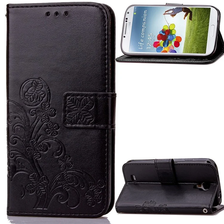 Imprinted Four-leaf Clovers Leather Wallet Cover for Samsung Galaxy S4 mini i9190 - Black